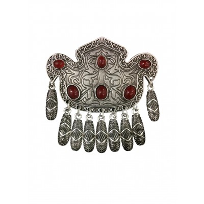 Bohemian style silver color vintage brooch with red solitaire and tassels