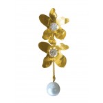 Two golden color flowers with solitaires and white pearl Earrings