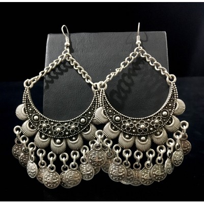 Bohemian style vintage crescent shape earrings with coins tassels