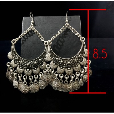 Bohemian style vintage crescent shape earrings with coins tassels