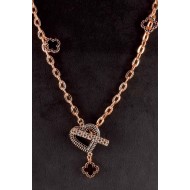 Bronze color chain with vintage scroll holder , heart and clover flower with Zircon pendant Necklace
