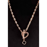Bronze color chain with white stone pendants of vintage scroll holder , clover and heart and with Zircon Necklace