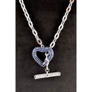 Silver color chain and vintage scroll holder with blue stone heart Zircon Necklace