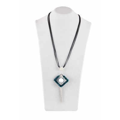 Black necklace with rhombus shape pendant covered with green fabric