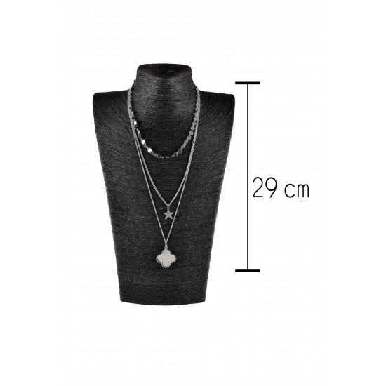 Three Silver color chains with white clover flower and star pendants Necklace.
