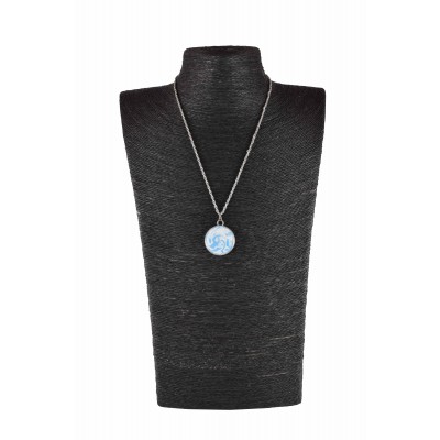 Silver colored chain with circular hand made mostly white and blue-sky pendant Necklace