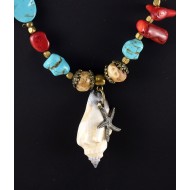 Hand Made necklace with stones, sea snail and cowrie pendants
