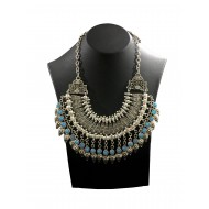 Bohemian style silver color necklace with vintage tassels with blue solitaires 