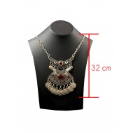 Bohemian style silver color vintage necklace with red solitaires and coin tassels