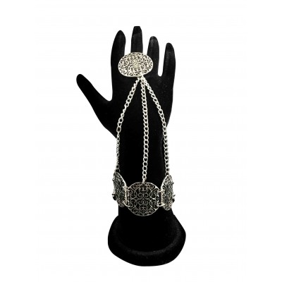 Bohemian style silver color over hand with circular vintage shapes