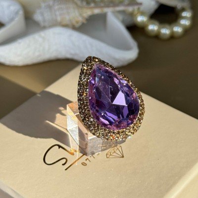 خاتم  متغير القياس بشذرة شكل قطرة مرصعة بشذرات ذهبية مطلية بماء الذهب