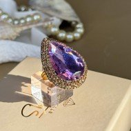 خاتم  متغير القياس بشذرة شكل قطرة مرصعة بشذرات ذهبية مطلية بماء الذهب