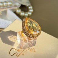 خاتم أصفر متغير القياس بشذرة شكل دمعة مرصعة بشذرات ذهبية مطلية بماء الذهب