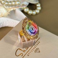 خاتم حجر عقيق السولار الملون المطحون على شكل دمعة مرصعة بشذرات ذهبية مطلي بماء الذهب