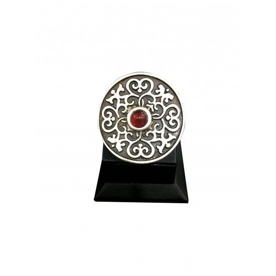 Bohemian style circular shape with ornament ring with red solitaire