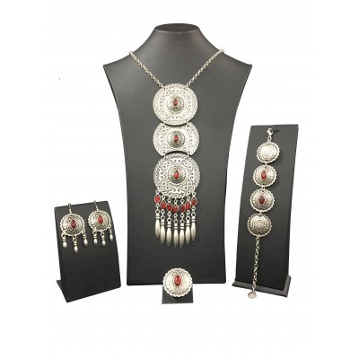 Bohemian style silver color set with vintage circular shapes with red solitaires