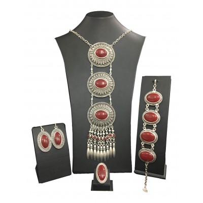 Bohemian style silver color set with vintage circular shapes and big red solitaires