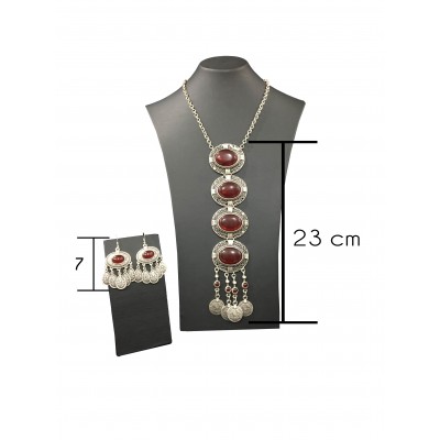 Bohemian style silver color set with vintage oval shapes and big red solitaires 