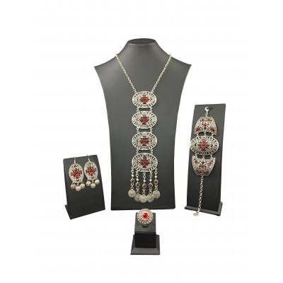 Bohemian style silver color set with oval shapes and small red solitaires