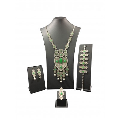 Bohemian style silver color set with vintage and heart shapes with fringes and small green solitaires