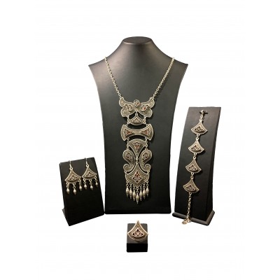 Bohemian style silver color set with vintage shapes with red backgrounds